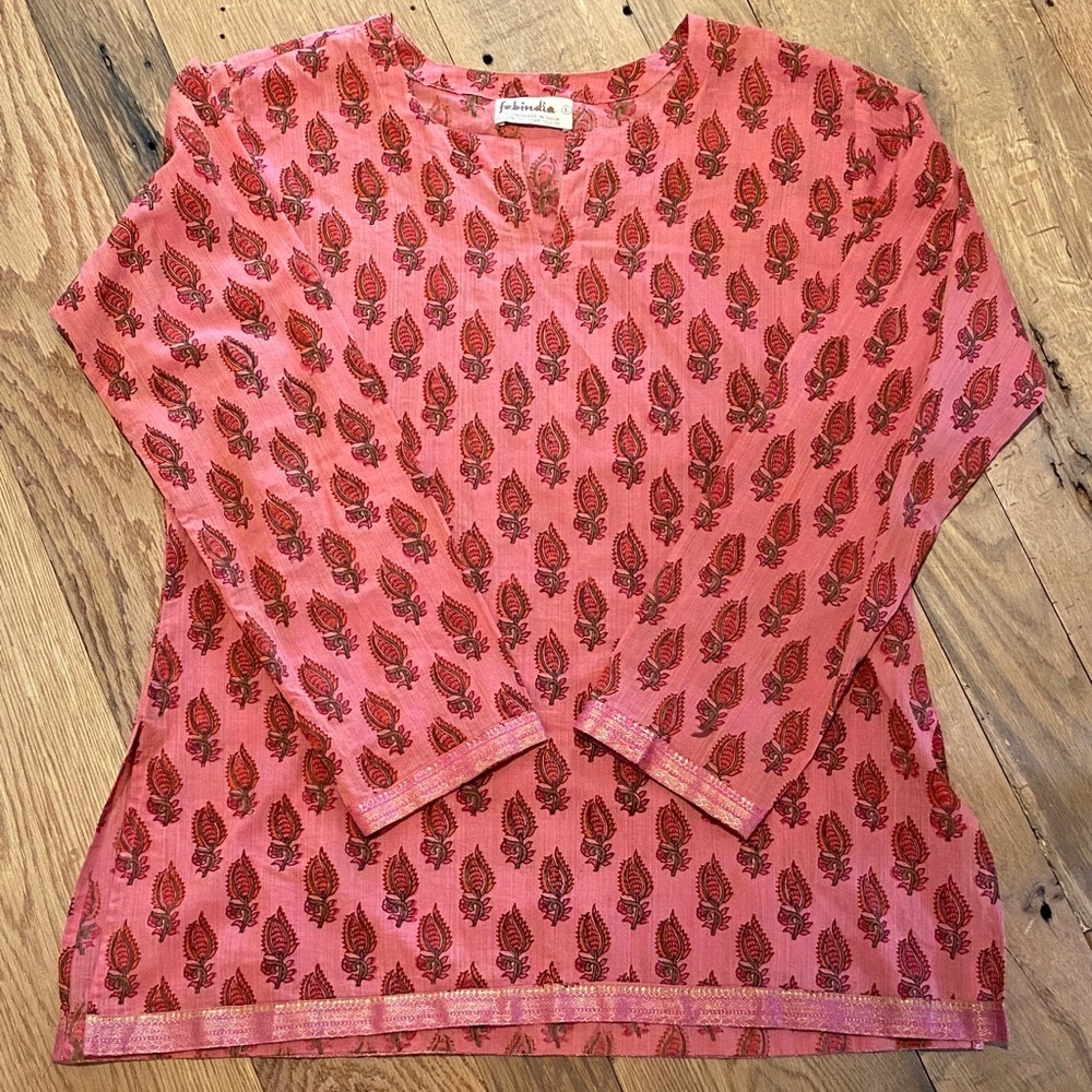 Fabindia Rose Green Gold Floral L/S Split Side Top Size LARGE